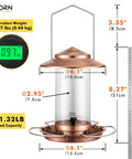 Chew Proof Metal Bird Feeder For Outdoors With Copper Finish Holds About One Point Three Two Pound Seed Three Perches Squirrel Proof Roof And Tray Weather Resistant Hanging Cardinal Feeder Seed Not Included.