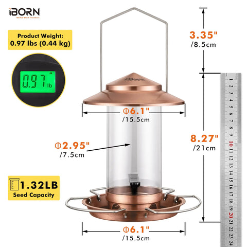 Chew Proof Metal Bird Feeder For Outdoors With Copper Finish Holds About One Point Three Two Pound Seed Three Perches Squirrel Proof Roof And Tray Weather Resistant Hanging Cardinal Feeder Seed Not Included.