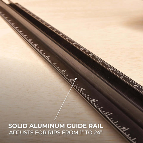 Kreg Rip-Cut aluminum guide rail; close-up view for side-blade circular saw with 1 to 24 inch scale.