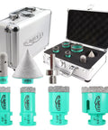 Pro Grade Diamond Core Drill Bit Set 6Pc Tile Hole Saw Kit in open case with 20mm, 25mm, 35mm, 50mm bits, finger and beveling bits