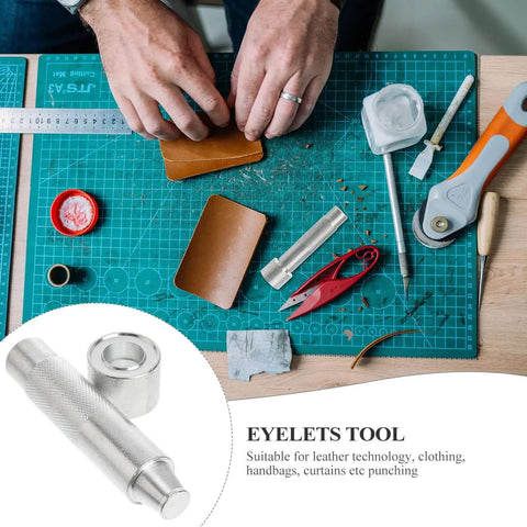 17mm Metal Eyelet Punch Tool Kit For Leather Craft Grommet Setter displayed on a crafting mat with leather and tools