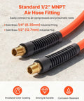 Heavy Duty 1/2 Inch By 100 Foot Air Compressor Hose With Solid Brass Fittings Kink Free Pneumatic Tubing showing brass connectors.