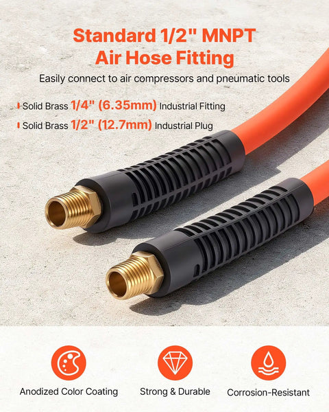 Heavy Duty 1/2 Inch By 100 Foot Air Compressor Hose With Solid Brass Fittings Kink Free Pneumatic Tubing showing brass connectors.