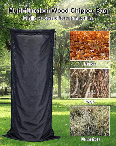 Universal Fit Wood Chipper Debris Bag For Tazz GreatCircle Landworks SuperHandy Earthquake Chippers 24 By 48 Inch shown with leaves, twigs, branches