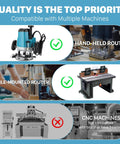 Image showing compatibility of flush trim router bit with hand-held and table-mounted routers; not compatible with CNC machines.