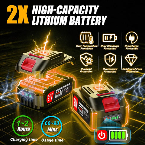 Image of 2X high-capacity lithium batteries for Cordless Weed Eater 3 in 1 Trimmer Brush Cutter Edger, showing charging and usage info.