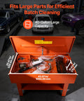 Built Tough Heavy Duty Parts Washer With 40 Gallon Steel Bath And One Gallon Per Minute Electric Pump For Auto Mechanics Engine Gear Carburetor No Fuss Workshop Cleanup Rig in workshop showing 40-gallon capacity.