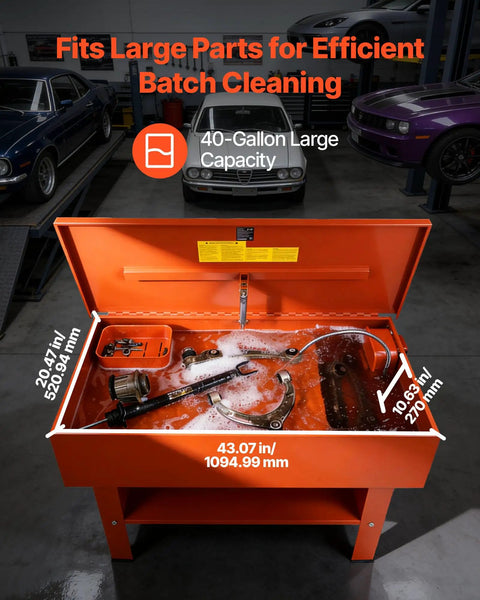 Built Tough Heavy Duty Parts Washer With 40 Gallon Steel Bath And One Gallon Per Minute Electric Pump For Auto Mechanics Engine Gear Carburetor No Fuss Workshop Cleanup Rig in workshop showing 40-gallon capacity.