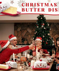 Festive Christmas Butter Dish With Tight Sealing Lid, Solid Ceramic Gnome Keeper For Kitchen Countertops on holiday table.