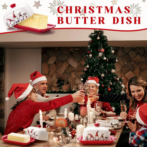 Festive Christmas Butter Dish With Tight Sealing Lid, Solid Ceramic Gnome Keeper For Kitchen Countertops on holiday table.