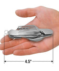 4 Piece Camp Kit Multi Tool Set with Spoon and Fork, compact 4.5" stainless steel design, shown in hand for scale.
