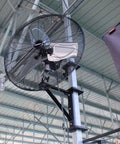 Heavy Duty Boat Dock Fan Mount For Four Inch Square Posts Featuring No Sweat Easy Installation, 24 inch aluminum fan in outdoor setting.