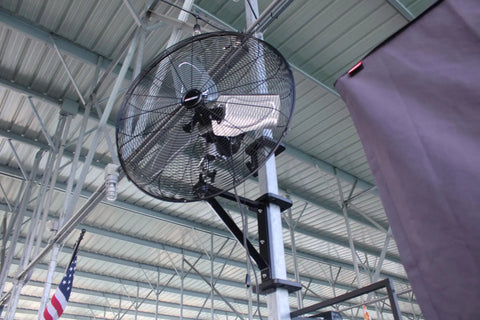 Heavy Duty Boat Dock Fan Mount For Four Inch Square Posts Featuring No Sweat Easy Installation, 24 inch aluminum fan in outdoor setting.