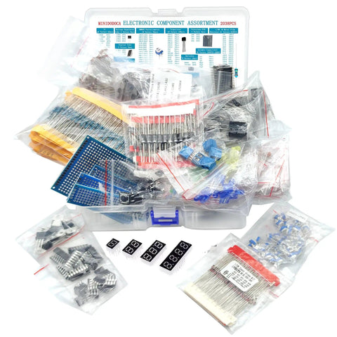 All In One Electronic Component Kit With 2038 Pieces Including LEDs Diodes Resistors Capacitors ICs Transistors PCBs Digital Tubes And Voltage Regulators For DIYers And Pro Techs A Handy Starter Set in open case