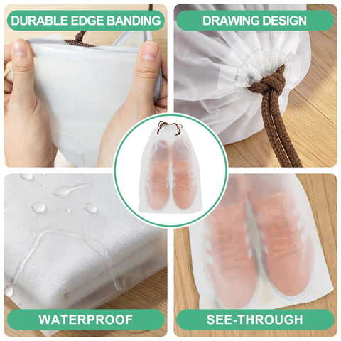Large Waterproof Clear Drawstring Shoe Bags For Travel, shows durable edge, drawing design, waterproof surface, sneakers inside.