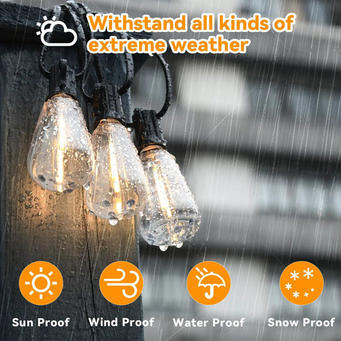 100 Foot LED Outdoor String Lights With 52 Shatterproof Vintage Edison Bulbs in rain, demonstrating weatherproof feature