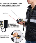 Urban Emergency Survival Vest Kit with fire-resistant waterproof vest shown on person using camo radio flashlight.