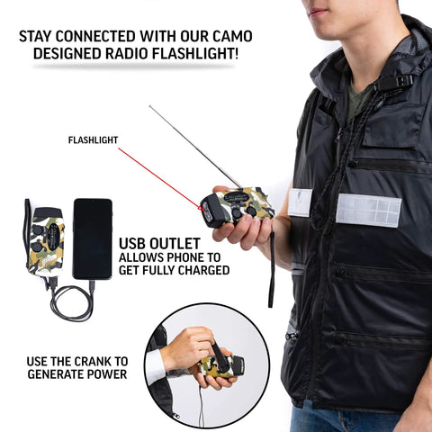 Urban Emergency Survival Vest Kit with fire-resistant waterproof vest shown on person using camo radio flashlight.