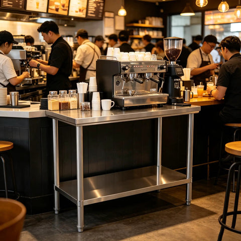 Premium 40x20 Stainless Steel Work Table Beefy Frame Heavy Duty Prep Station With Lower Shelf 600 Pound Capacity inside a busy café.