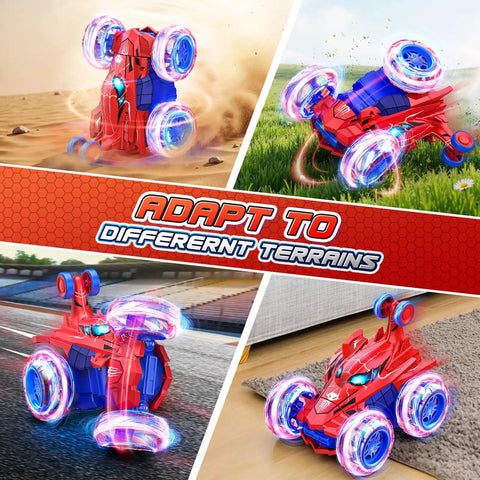 Rechargeable RC Car For Kids With 360 Flips 4WD Stunt Vehicle With Bright LED Lights Totally Rad Outdoor Toy Gift demonstrating terrain adaptability