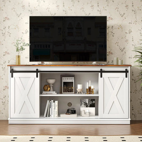 Slick Farmhouse TV Stand For 65 Inch Flat Screen Television Featuring Smooth Sliding Barn Doors And Creamy Milk White Finish, with open shelving.