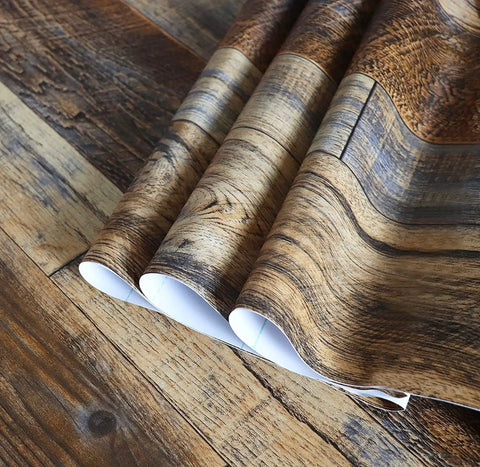 Close-up of Faux Wood Peel And Stick Wallpaper Self Adhesive Vinyl Decorative Removable Waterproof Brown 17.5 Inch Wide By 511.8 Inch Long DIY Friendly Easy To Install Durable PVC Wall Covering For Quick Home Makeover