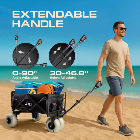 Man pulling Foldable Beach Wagon With 9 Inch All Terrain Wheels Beast Heavy Duty Cart That Holds Up To 300 Lbs on beach