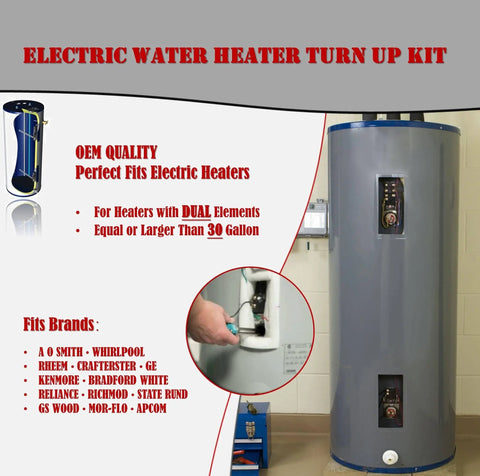 Must Have Water Heater Tune Up Kit With Two 4500W 240V Copper Heating Elements And Two TOD Style Thermostats Replacement Parts For Most 30 Gallon And Larger Heaters Includes One Year Warranty Easy Upgrade For Homeowners shown with electric water heater installation and features