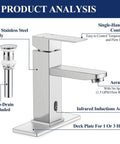 Product analysis showing brushed nickel waterfall stainless steel bathroom faucet with pop up drain and two hoses for 1 hole or 3 holes single handle deck mount for vanity and RV lavatory drip free cartridge and rust resistant
