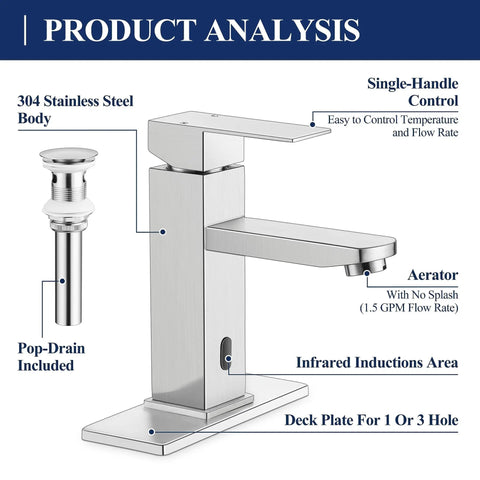 Product analysis showing brushed nickel waterfall stainless steel bathroom faucet with pop up drain and two hoses for 1 hole or 3 holes single handle deck mount for vanity and RV lavatory drip free cartridge and rust resistant