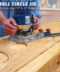 Milescraft 1219 Circle Guide Kit mounted to a router on a clear circular base with offset guide bar.