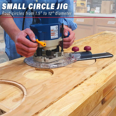 Milescraft 1219 Circle Guide Kit mounted to a router on a clear circular base with offset guide bar.