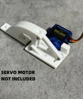 Servo Hinge Kit for SG90 Mini Servos, Hatch Door Mount, White Plastic 3.2x1 Inches with placeholder motor, screws attached