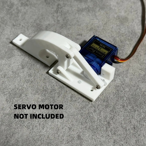 Servo Hinge Kit for SG90 Mini Servos, Hatch Door Mount, White Plastic 3.2x1 Inches with placeholder motor, screws attached