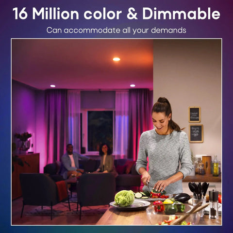 Woman cooking under 6 Inch Smart LED Recessed Lights 4 Pack 13W 1100LM Retrofit Can Lights RGBCW Color Changing Dimmable Downlights.