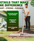 Man using Pro Grade Stainless Lawn Leveling Rake 30 Inch Heavy Duty Ground Leveler for Yard Sand Soil Grass Dirt Gravel Pool Seeding