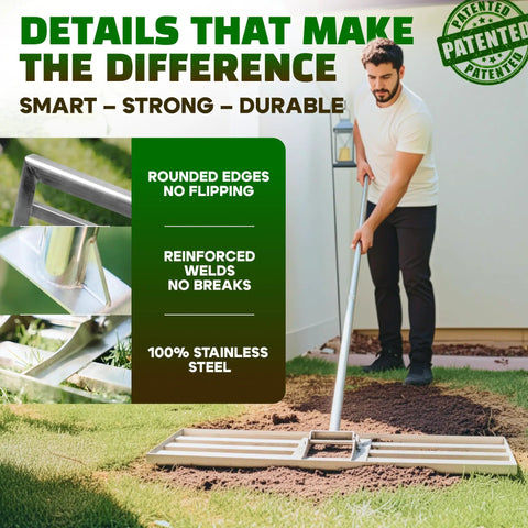 Man using Pro Grade Stainless Lawn Leveling Rake 30 Inch Heavy Duty Ground Leveler for Yard Sand Soil Grass Dirt Gravel Pool Seeding