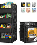 Open Front Stackable Pantry Storage Bins For Quick Grab And See Everything At A Glance, Perfect For Kitchen And Dorm Room Organization, Durable Plastic Bins For Food And Home Use, shown stacked with books and toys.