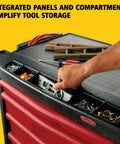 Mobile Tool Work Center On Wheels With 5 Drawers And 250 LB Capacity Built From High Density Structural Foam For Rugged Rust Proof Durability In Warehouse Garage And Maintenance Tasks Plus A Bright Red Locking Cabinet, top tray