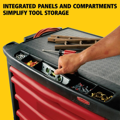 Mobile Tool Work Center On Wheels With 5 Drawers And 250 LB Capacity Built From High Density Structural Foam For Rugged Rust Proof Durability In Warehouse Garage And Maintenance Tasks Plus A Bright Red Locking Cabinet, top tray