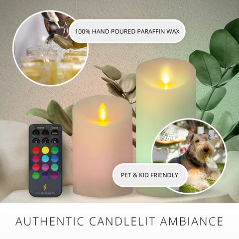 Flameless Color Changing LED Candle Pillar 3 By 4.5 Inches With Real Wax Moving Flame, Battery Operated With Remote, Unscented