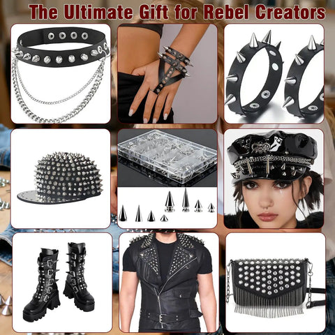 Knockout Punk Rock Spikes And Studs Kit With 364 Pieces For Leather Jackets, Belts, Bags, And Boots, Includes Punch And Screwdriver For Hella Sick Mods showcased on various fashion items.
