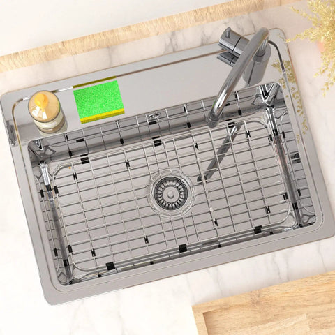 Top view of Stainless Steel Sink Protector With Centered Drain Grid 25 Inches Long By 12.8 Inches Wide Three Piece Removable Bottom Grid.