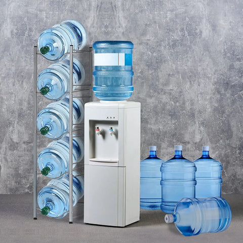 Five Gallon Water Jug Holder Five Tier Heavy Duty Freestanding Water Rack in Silver with water dispenser and bottles