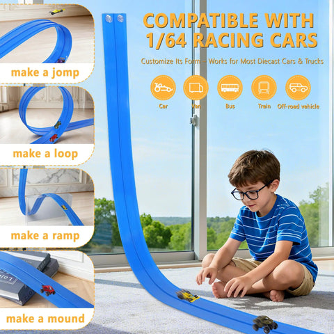 Boy playing with Flexible 16Ft Race Track Set With Roll Up Storage And Six Diecast Cars For One Sixty Four Scale Play Setup Is A Breeze And Unfolds In Seconds Suction Cups And Hooks For Smooth Surfaces Ideal For Kids Aged 3 Plus.