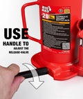 Torin BIG RED 20-Ton hydraulic bottle jack, red, side view with handle