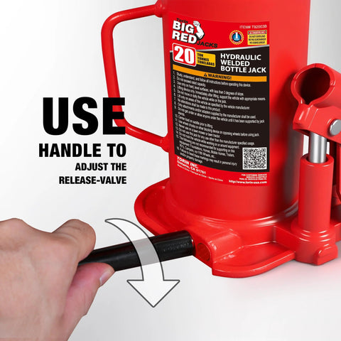 Torin BIG RED 20-Ton hydraulic bottle jack, red, side view with handle