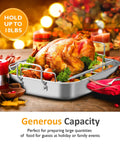15.6 Inch Nonstick Stainless Steel Roasting Pan With V Shaped Rack holding cooked turkey, surrounded by holiday decorations