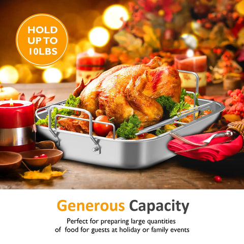 15.6 Inch Nonstick Stainless Steel Roasting Pan With V Shaped Rack holding cooked turkey, surrounded by holiday decorations
