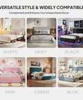 Queen Velvet Upholstered Bed Frame With Tufted Headboard, Adjustable Three Tier Metal Platform Base, Sturdy Metal Slats, Straight Up Noise Free Assembly, Dope White Vibe For Your Main Bedroom in various colors including white, gray, black, pink, green, and blue.